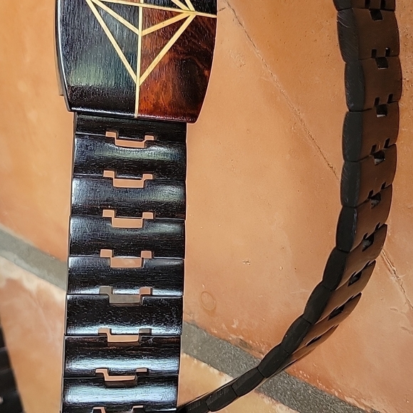 Solid wood belt with buckle geometric art inlayed wood designer belt rare item - Picture 4 of 9